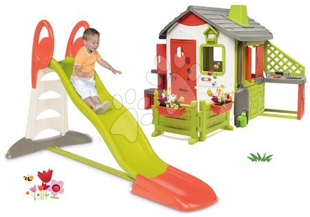 Hračky pro děti od 3 do 6 let - Set skluzavka Toboggan XL Smoby s vodou délka 2,3 m a domeček Neo Jura Lodge s nástavbovým řešením