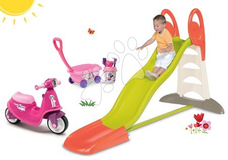 Játékok lányoknak - Szett csúszda Toboggan XL Smoby vízsugárral 2,3 m és bébitaxi Scooter gumikerekekkel és kiskocsival