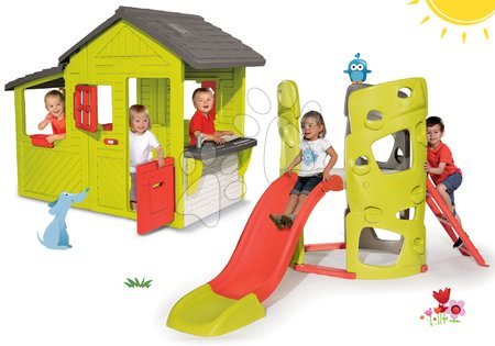 Játékok 3 - 6 éves gyerekeknek - Szett házikó Kertész Neo Floralie Smoby konyhácskával és mászóközpont Multiactivity Climbing Tower csúszdával