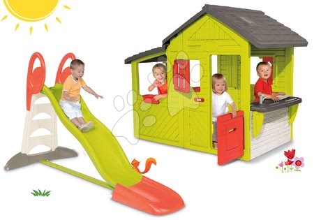 Hračky pro děti od 3 do 6 let - Set domeček Zahradník Neo Floralie s kuchyňkou Smoby a skluzavka Toboggan XL s dvojitou vlnou a vodou
