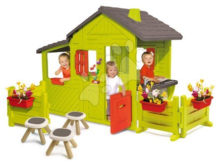 Hračky pro děti od 3 do 6 let - Domeček Zahradník Neo Floralie Smoby se zvonkem komínem a dvě zahrádky s 3 stolky