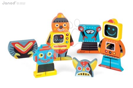 Puzzle pro nejmenší - Dřevěné magnetické figurky Robots Funny Magnet Janod - 5