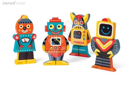 Puzzle pro nejmenší - Dřevěné magnetické figurky Robots Funny Magnet Janod - 3