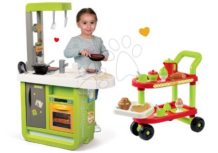 Elektronické kuchyňky - Set kuchyňka Cherry Kitchen Smoby se zvuky a servírovací vozík se snídaní 100% Chef