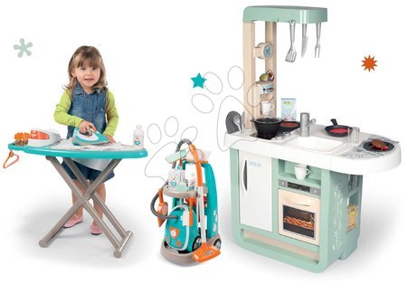 Výhodné sety hračiek - Set kuchynka so zvukmi Cherry Kitchen Green Smoby a upratovací vozík s vysávačom a žehliacou doskou