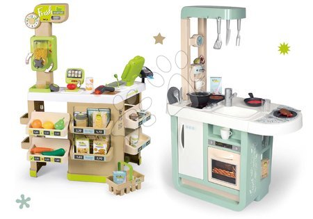 Výhodné sety hračiek - Set kuchynka so zvukmi Cherry Kitchen Green Smoby s obchodom Fresh Market s bio potravinami