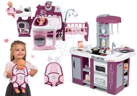 Kuchynky pre deti sety - Set kuchynka fialová Tefal Studio XL Smoby elektronická s umývačkou riadu a domček pre bábiku s nosítkom Violette Baby Nurse Large Doll's Play Center