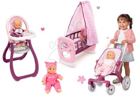 Dojenčki in dodatki - Komplet dojenček Minikiss Smoby z oblekicami 27 cm in stolček za hranjenje in zibelka z baldahinom ter voziček za dojenčka (53,5 cm ročaj) od 18 mes