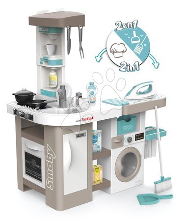 Elektronické kuchynky - Kuchynka elektronická s práčkou a žehliacou doskou Tefal Cleaning Kitchen 360° Smoby