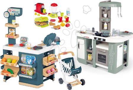 Detské kuchynky - Set kuchynka elektronická s bublaním Tefal Studio Kitchen XL Bubble 360° a obchod Super Market Smoby