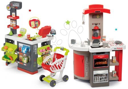 Bucătării de jucărie - Set bucătărie de jucărie pliabilă Tefal Opencook Smoby roșu cu aparat de cafea și frigider
