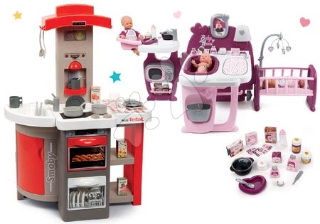 Dětské kuchyňky - Set kuchyňka skládací elektronická Tefal Opencook Smoby červená s kávovarem a chladničkou