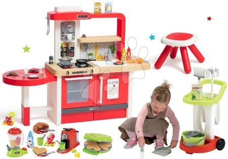 Dječje kuhinje - Set kuhinja koja raste s uzrastom djeteta s tekućom vodom Tefal Evolutive Grand Chef Smoby i kolica za čišćenje s kantom te aparat za vafle s kuhinjskim uređajima i vaflima