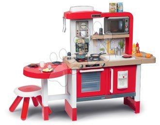 Elektronické kuchyňky - Kuchyňka rostoucí s tekoucí vodou a mikrovlnkou Tefal Evolutive Gourment Smoby červená s magickým bubláním mikrovlnkou židlí a 43 doplňků