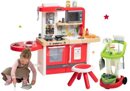 Detské kuchynky - Set kuchynka rastúca s tečúcou vodou a mikrovlnkou Tefal Evolutive Smoby a upratovací vozík s vedrom