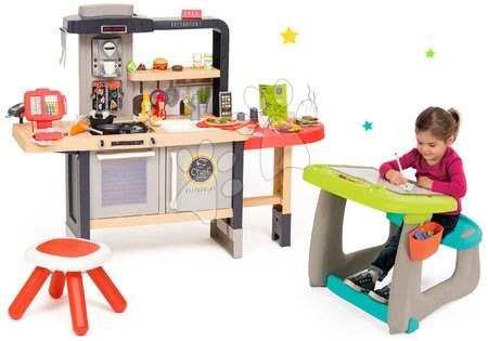 Kuchynky pre deti sety - Set reštaurácia s elektronickou kuchynkou Chef Corner Restaurant Smoby a lavica na kreslenie s magnetickou obojstrannou tabuľou