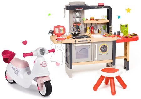Kuchynky pre deti sety - Set reštaurácia s elektronickou kuchynkou Chef Corner Restaurant Smoby a odrážadlo Corolle so sedadlom pre bábiku
