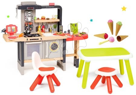 Kuchynky pre deti sety - Set reštaurácia s elektronickou kuchynkou Chef Corner Restaurant Smoby so zmrzlinou a zelený stôl s červenou stoličkou