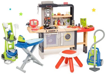 Kuchynky pre deti sety - Set reštaurácia s elektronickou kuchynkou Chef Corner Restaurant Smoby s upratovacím vozíkom a žehliacou doskou