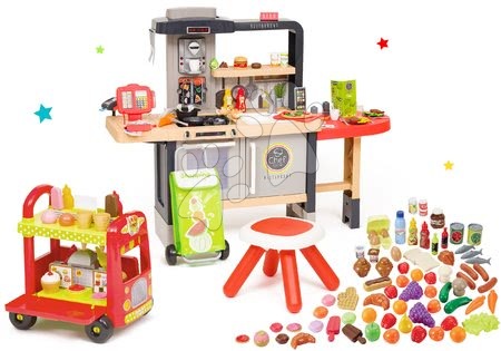 Kuchynky pre deti sety - Set reštaurácia s elektronickou kuchynkou Chef Corner Restaurant Smoby a zmrzlinový vozík s hamburgermi a nákupná taška s potravinami