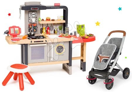 Kuchynky pre deti sety - Set reštaurácia s elektronickou kuchynkou Chef Corner Restaurant Smoby s kočíkom pre dve bábiky DeLuxe Maxi Cosi&Quinny Grey