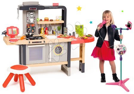 Kuchynky pre deti sety - Set reštaurácia s elektronickou kuchynkou Chef Corner Restaurant Smoby a karaoke mikrofón so stojanom 3v1 kompatibilné s audio prehrávačmi