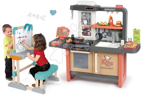 Kuchyňky pro děti sety - Set restaurace s elektronickou kuchyňkou Kids Restaurant a dřevěná lavice Smoby