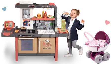Kuchynky pre deti sety - Set reštaurácia s elektronickou kuchynkou Kids Restaurant a hlboký kočík Smoby
