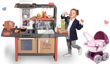 Játékkonyhák - Szett étterem elektronikus konyhával Kids Restaurant és mély babakocsi Smoby