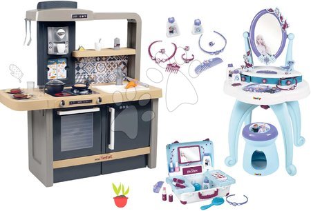 Role Play - Set kuchynka elektronická s nastaviteľnou výškou Tefal Evolutive a kozmetický stolík Frozen Smoby