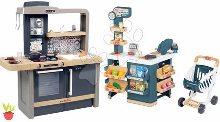 Detské kuchynky - Set kuchynka elektronická s nastaviteľnou výškou Tefal Evolutive a obchod Super Market Smoby