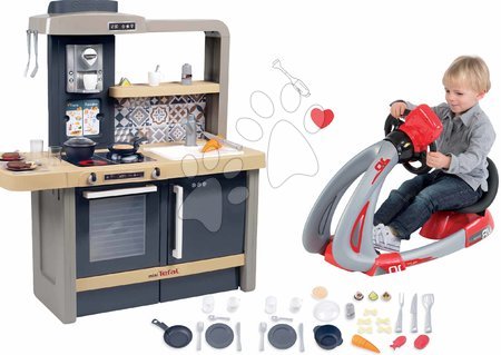 Detské kuchynky - Set kuchynka elektronická s nastaviteľnou výškou Tefal Evolutive a trenažér V8 Driver Smoby