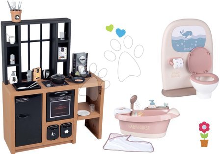 Játékkonyhák - Szett modern játékkonyha Loft Industrial és wc fürdőszobával játékbabának Smoby