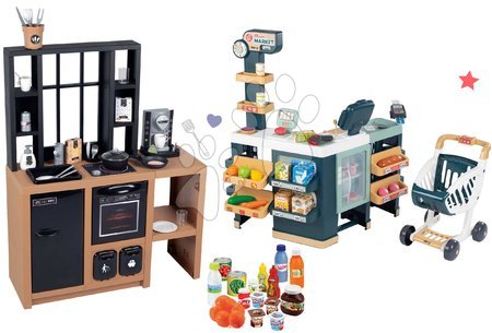 Kuchyňky pro děti sety - Set kuchyňka moderní Loft Industrial s obchodem Maxi Market Smoby