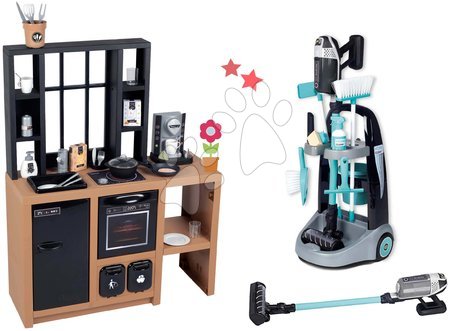 Kuchyňky pro děti sety - Set kuchyňka moderní Loft Industrial s úklidovým vozíkem Smoby