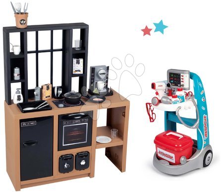 Kuchyňky pro děti sety - Set kuchyňka moderní Loft Industrial a lékařský vozík Smoby