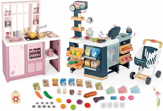 Smoby - Ensemble cuisine électronique et magasin Maxi Market Loft Fleur Pink 360° Smoby