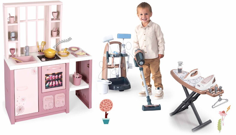 Smoby - Set cuisinette électronique et chariot de ménage Loft Fleur Pink 360° Smoby