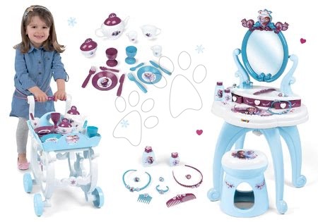 Frozen Kraina Lodu - Zestaw stolik kosmetyczny Frozen Smoby z krzesłem i zestawem do herbaty Frozen na wózku do serwowania