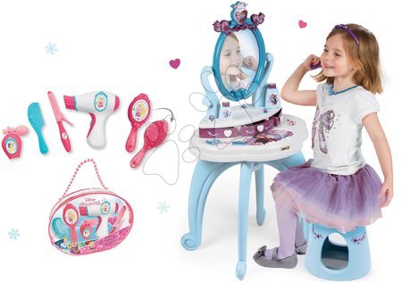 Frozen Ľadové Kráľovstvo - Set kozmetický stolík so stoličkou 2v1 Frozen Smoby a kozmetický set so sušičom na vlasy