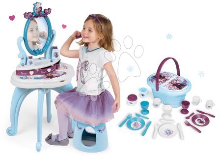 Frozen Ledeno kraljestvo - Komplet kozmetična miza Frozen Smoby s stolom in košara za piknik Frozen