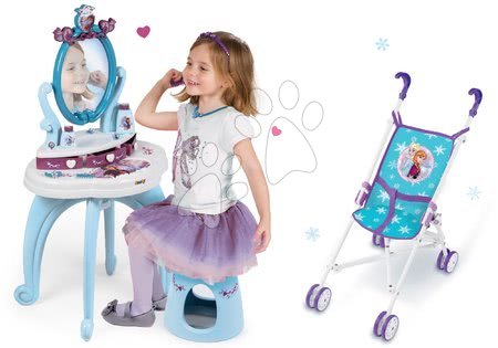 Frozen Ledové Království - Set kosmetický stolek Frozen Smoby se židlí a skládací kočárek pro panenku Frozen