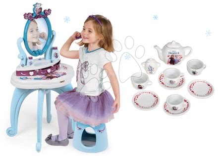 Frozen Ledeno kraljestvo - Komplet kozmetična miza Frozen Smoby s stolom in porcelanastim čajnim servisom Frozen
