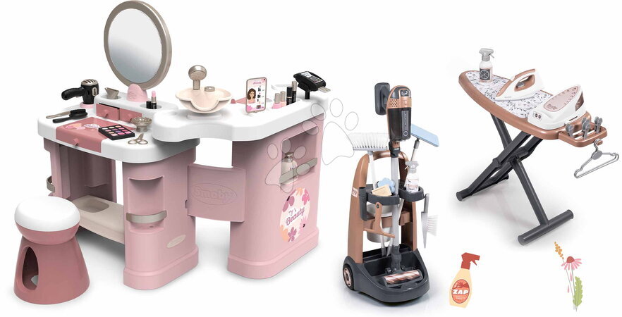 Seturi măsuțe cosmetice  - Set măsuța cosmetică și cărucior de curățenie cu aspirator cu sunete My Beauty Center 3în1 Smoby