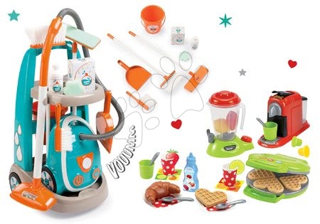 Hry na domácnost - Set úklidový vozík s elektronickým vysavačem Clean Smoby a vaflovač s mixérem a kávovarem