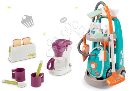 Hry na domácnosť - Set upratovací vozík s elektronickým vysávačom Clean Smoby a čajová súprava s toasterom a kávovarom