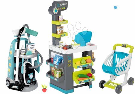 Jocuri de uz casnic - Set cărucior de curățenie cu aspirator elecronic Cleaning Trolley Vacuum Cleaner Smoby 
