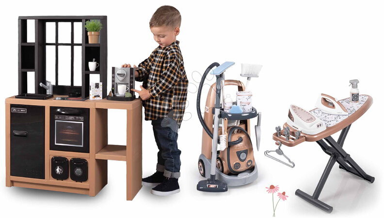 Takarítókocsi szettek - Szett takarítókocsi és modern játékkonyha Rowenta Trolley Vacuum Cleaner Smoby