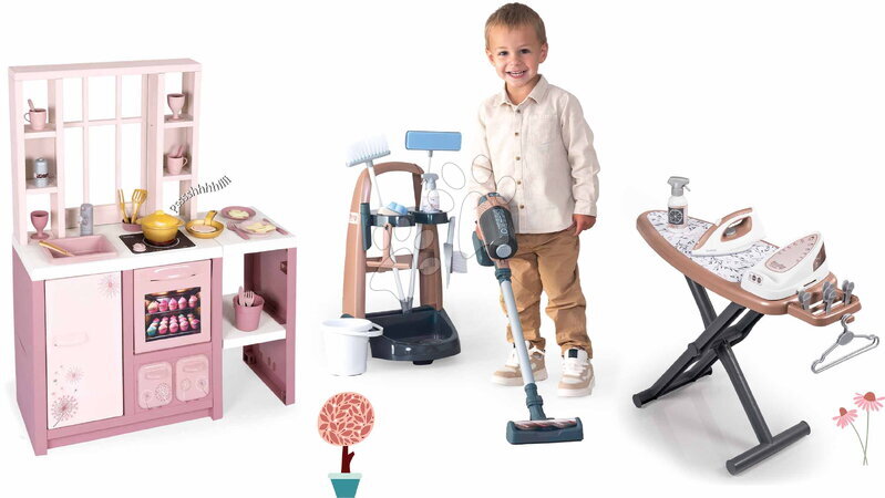 Takarítókocsi szettek - Szett takarítókocsi és elektronikus játékkonyha Rowenta Trolley Upright Hoover Smoby