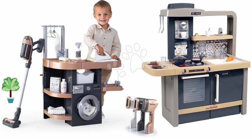 Detské práčky sety - Set práčovňa s práčkou a elektronická kuchynka Rowenta Wash&Clean Laundry Smoby